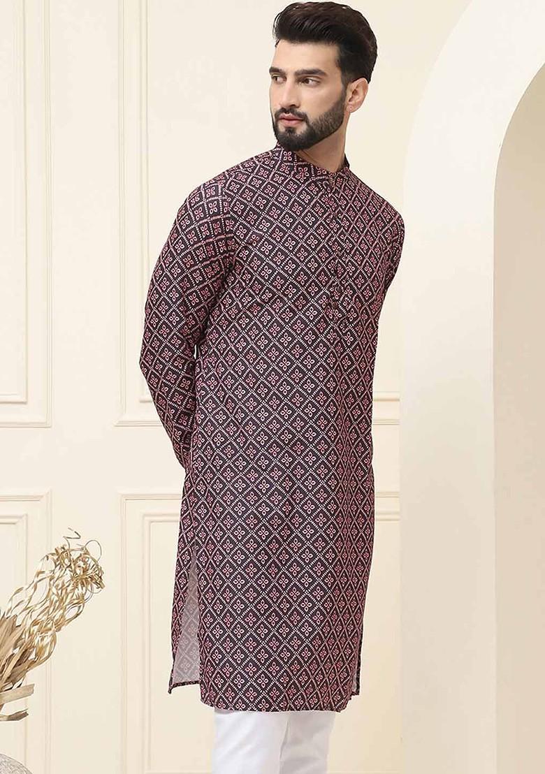 Black Ethnic Motifs Cotton Kurta For Men