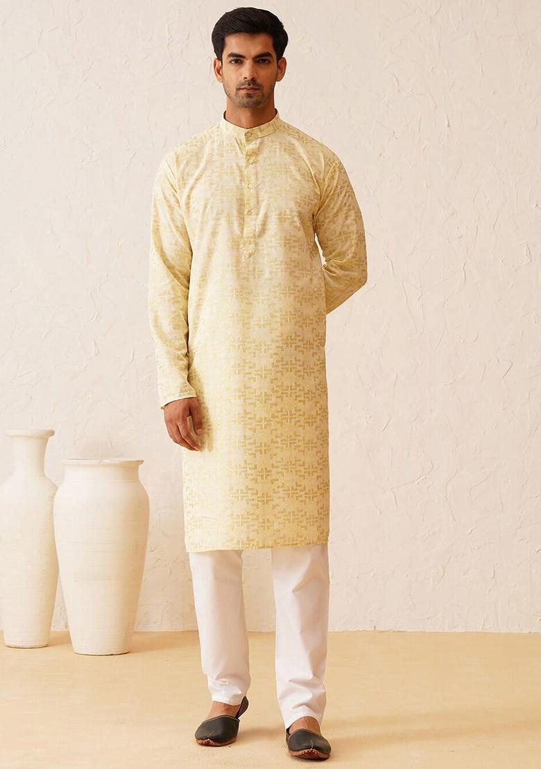 Yellow Woven Cotton Kurta For Men