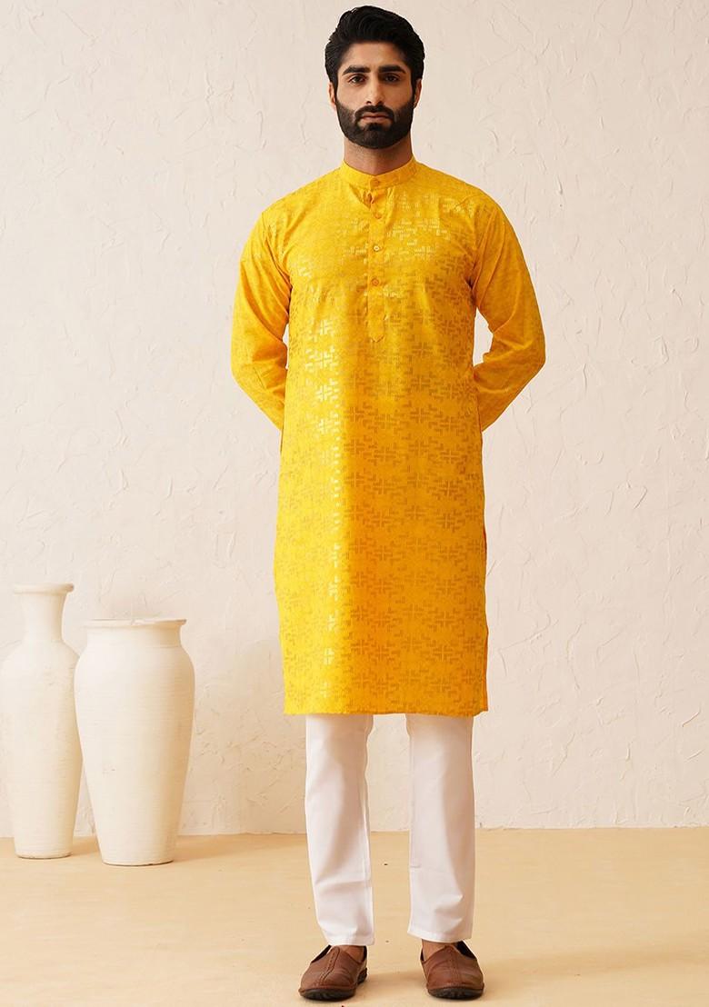 Mustard Woven Cotton Kurta For Men