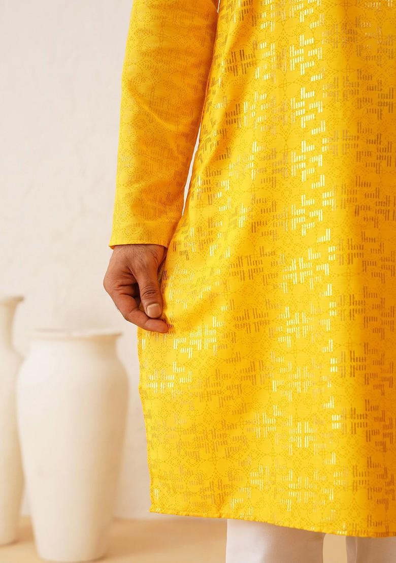 Mustard Woven Cotton Kurta For Men