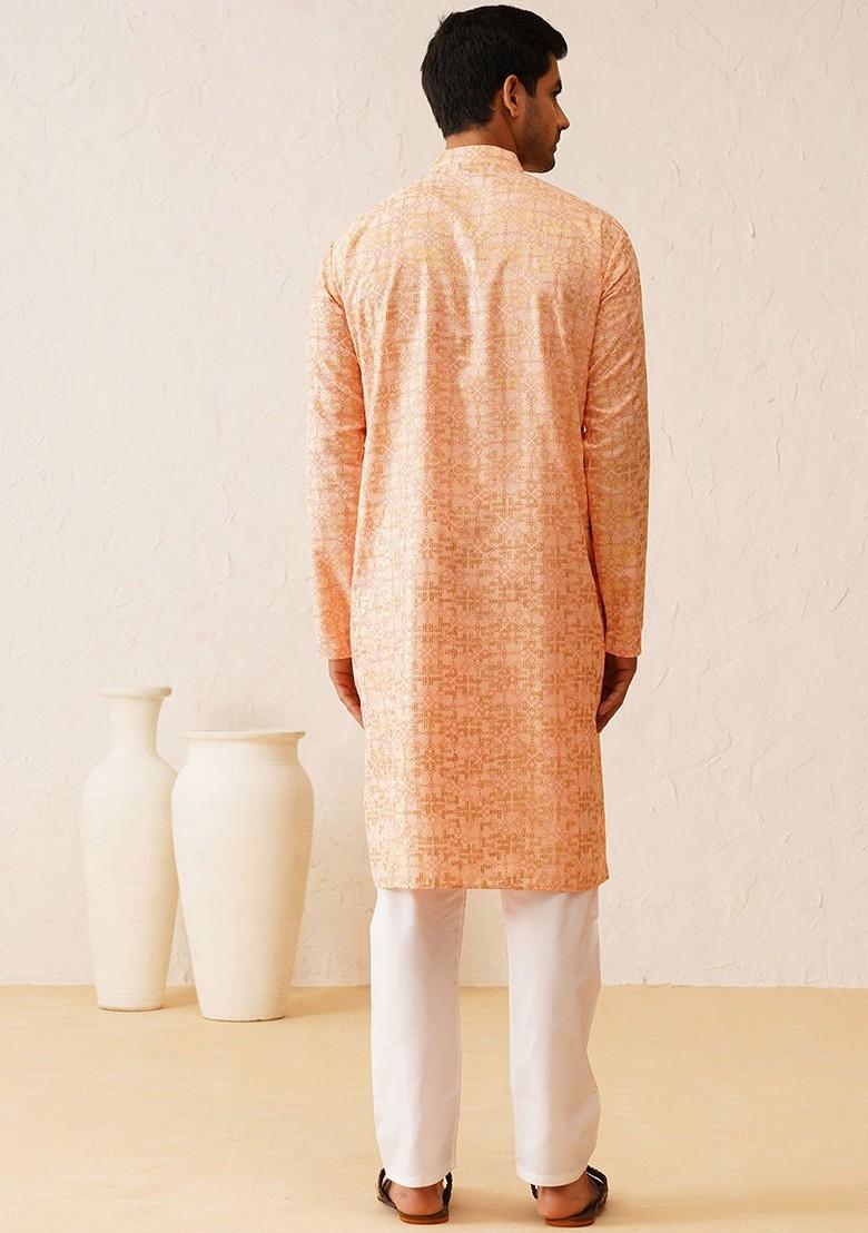 Peach Ethnic Motifs Cotton Kurta For Men