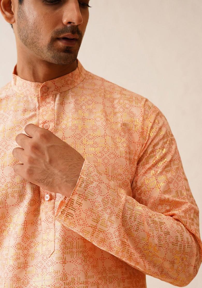 Peach Ethnic Motifs Cotton Kurta For Men