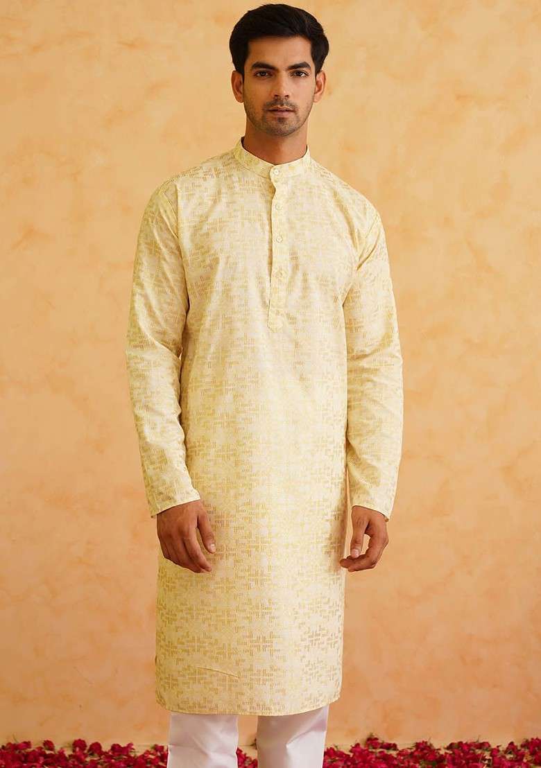 Yellow Printed Cotton Kurta For Men - Indya