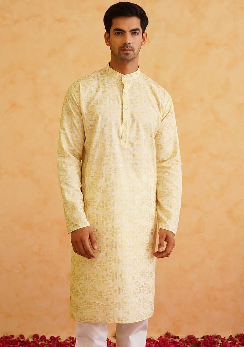 Yellow Printed Cotton Kurta For Men