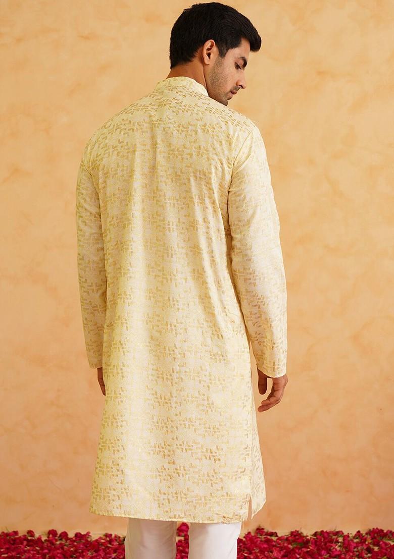 Yellow Printed Cotton Kurta For Men