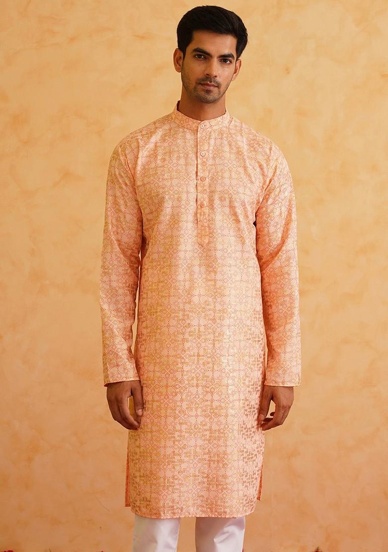 Peach Ethnic Motifs Cotton Kurta For Men