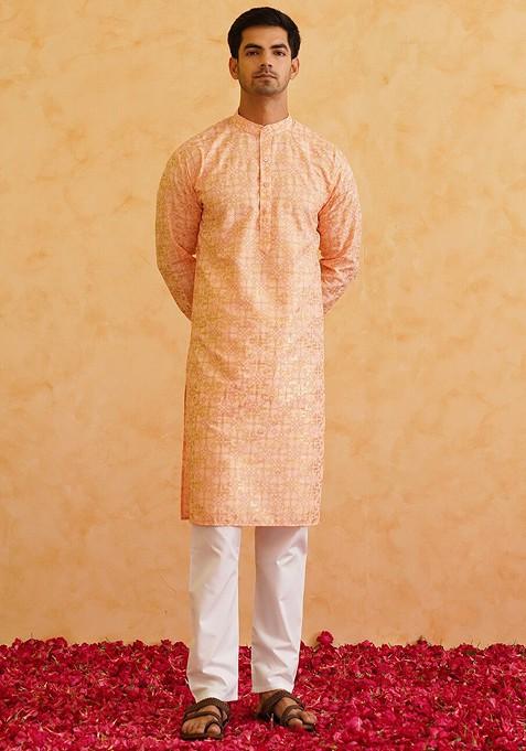 Peach Ethnic Motifs Cotton Kurta For Men — view on Indya
