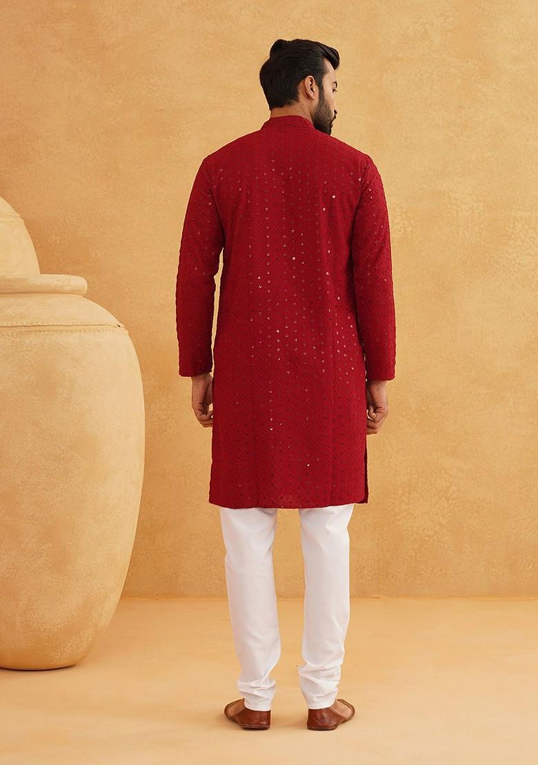 Maroon Thread Work Poly Blend Kurta For Men