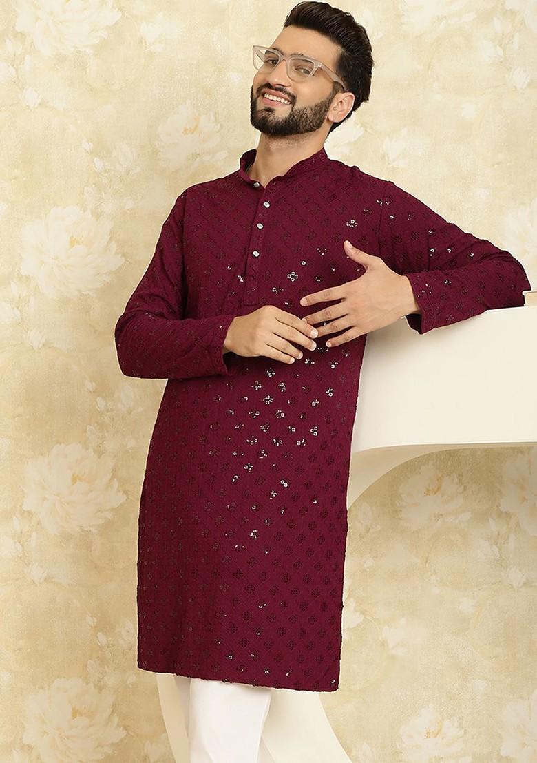 Purple Mirror Work Poly Blend Kurta For Men