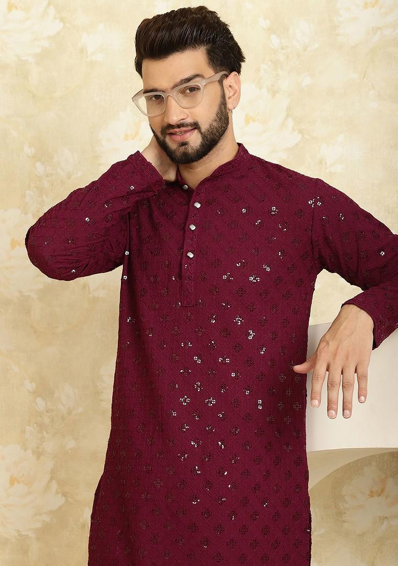Purple Mirror Work Poly Blend Kurta For Men