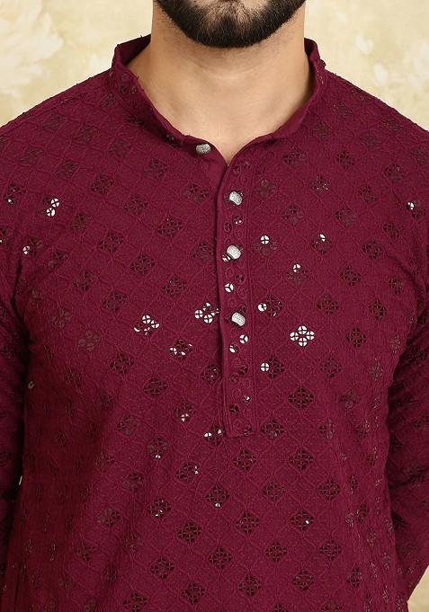 Purple Mirror Work Poly Blend Kurta For Men