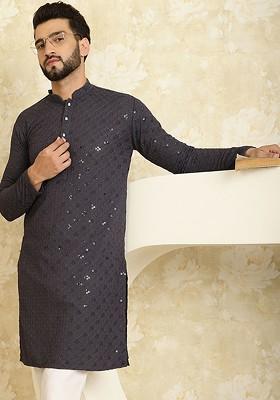 Grey Thread Work Poly Blend Kurta For Men