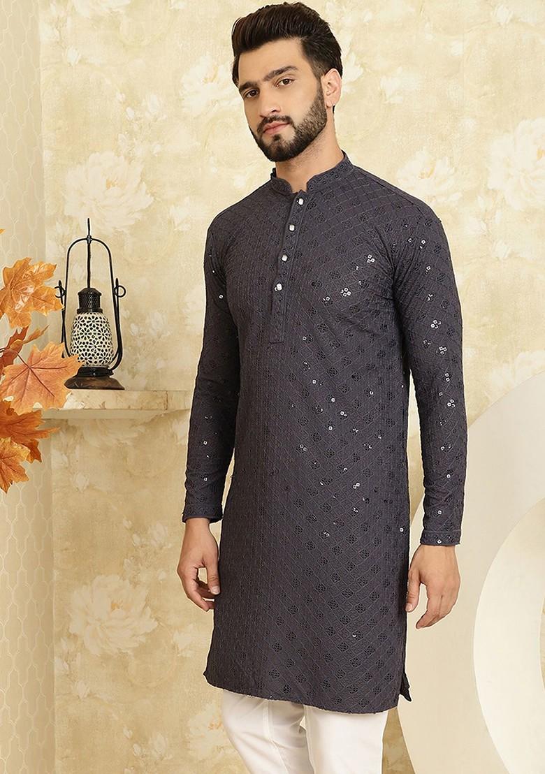 Grey Thread Work Poly Blend Kurta For Men