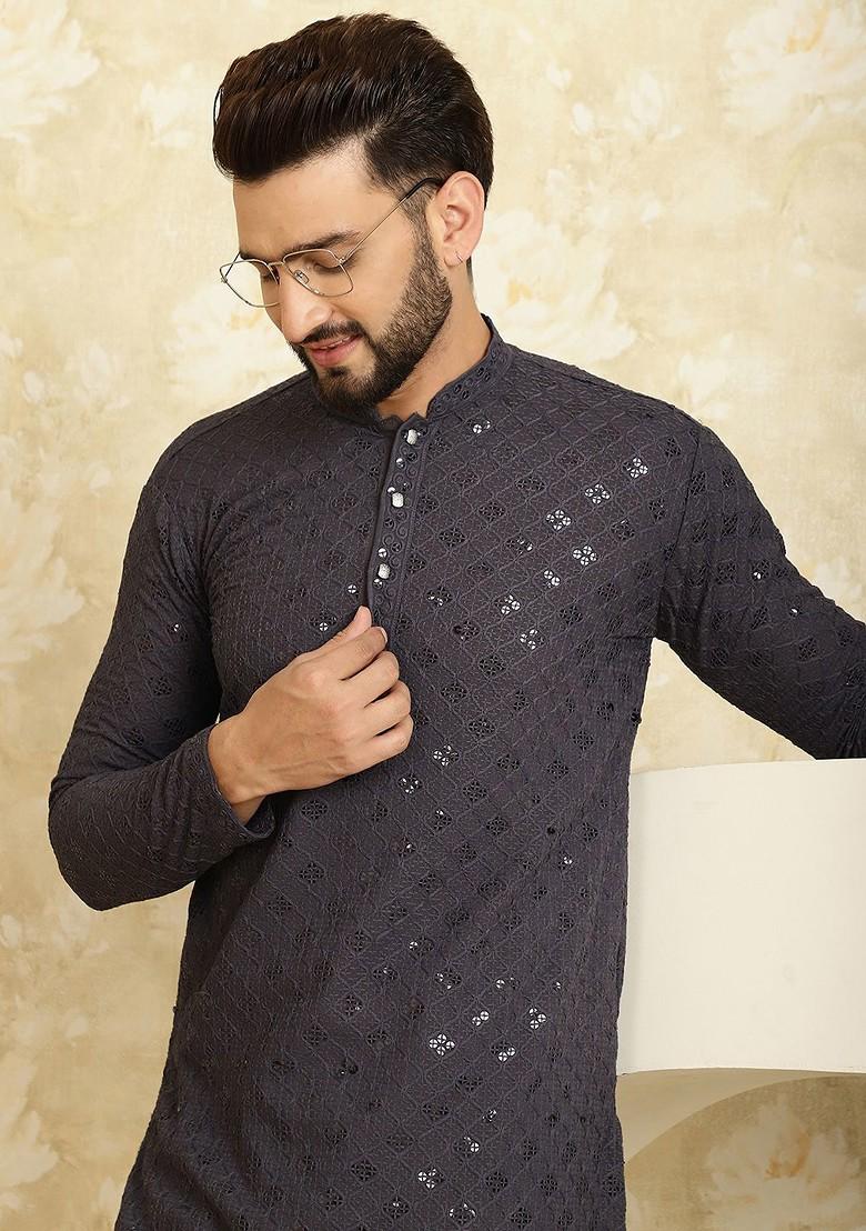 Grey Thread Work Poly Blend Kurta For Men