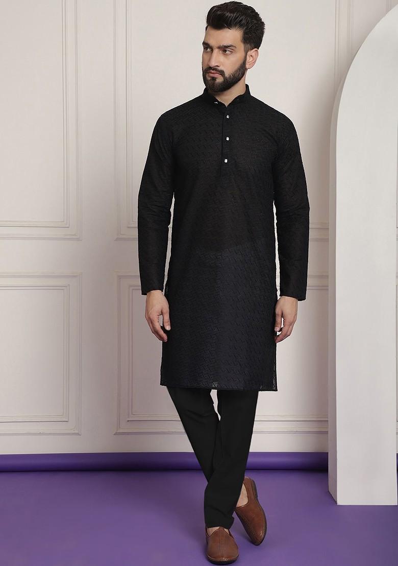 Black Chikankari Poly Blend Kurta For Men