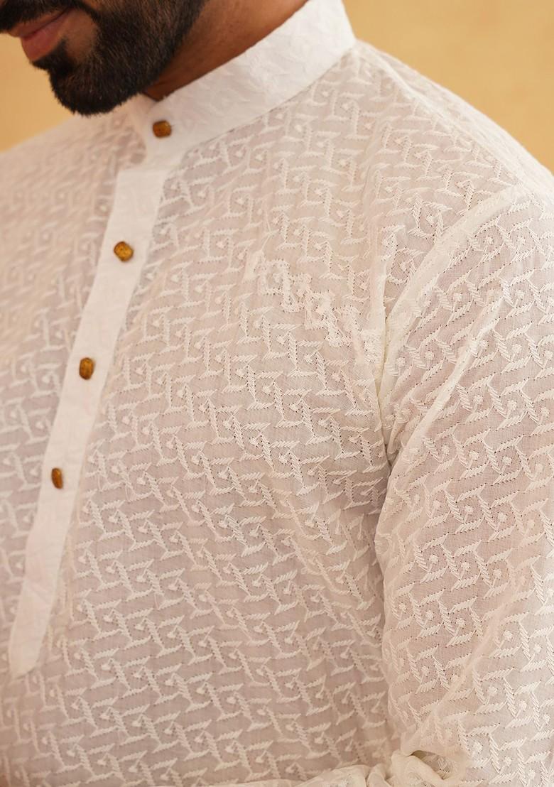 Cream Thread Work Poly Blend Kurta For Men