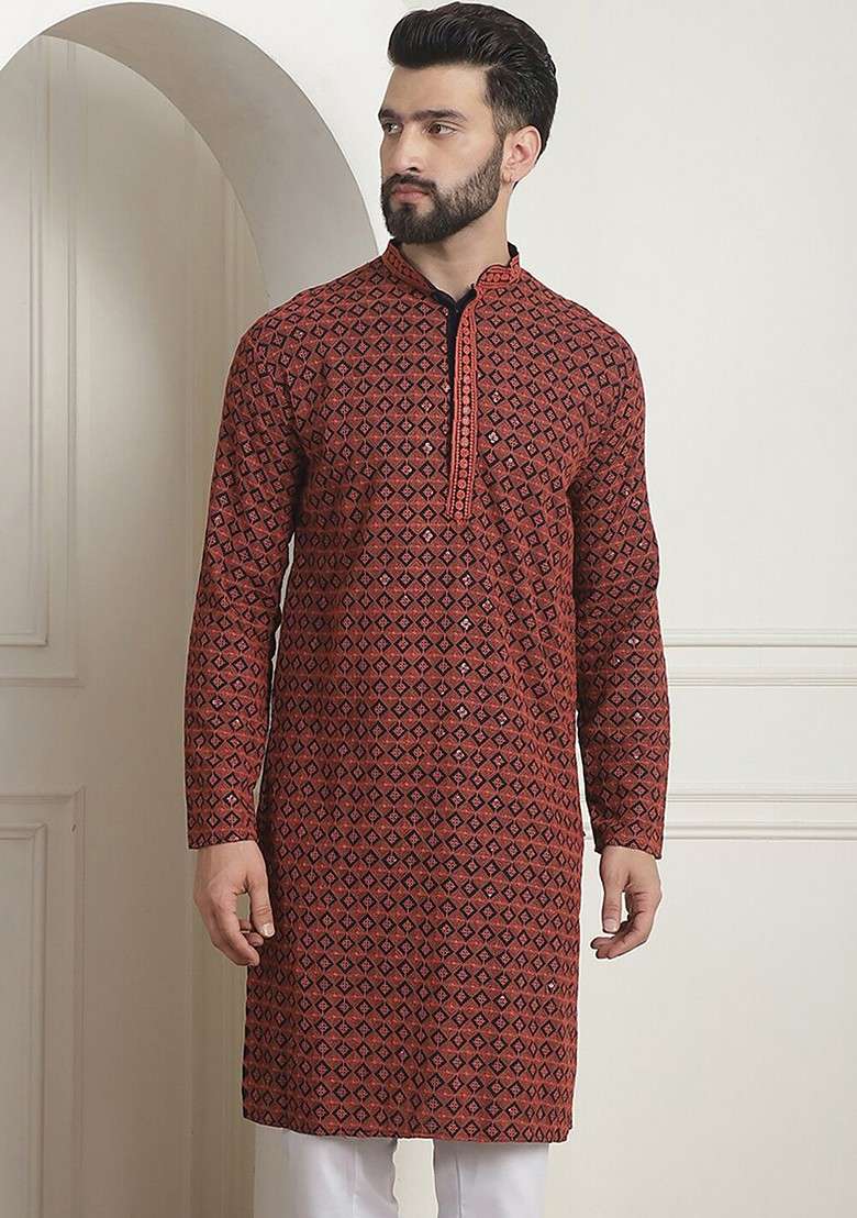 Coral Pink Embroidered Poly Blend Kurta For Men - Indya