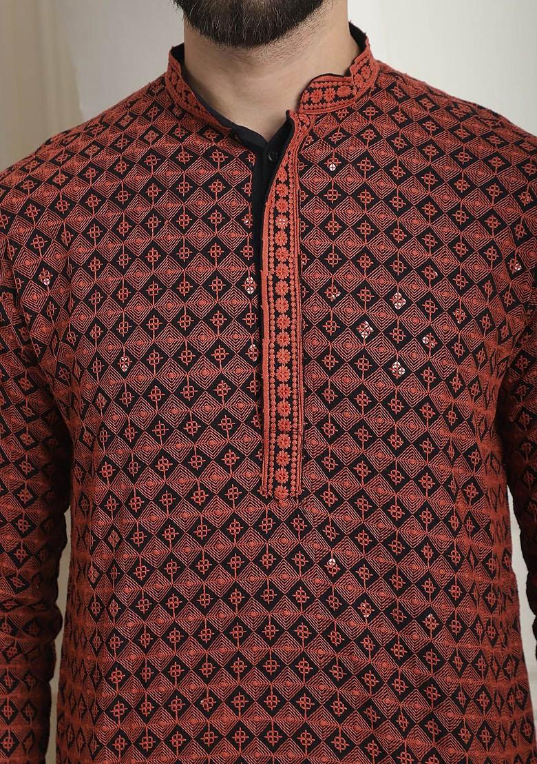Coral Pink Embroidered Poly Blend Kurta For Men
