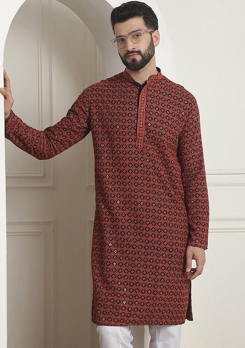 Coral Pink Embroidered Poly Blend Kurta For Men