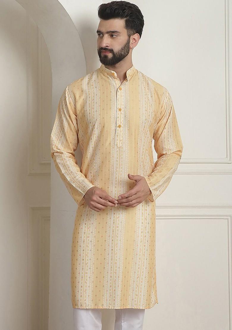 Mustard Ethnic Motifs Poly Blend Kurta For Men