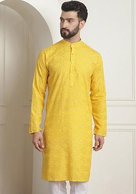 Mustard Printed Poly Blend Kurta For Men