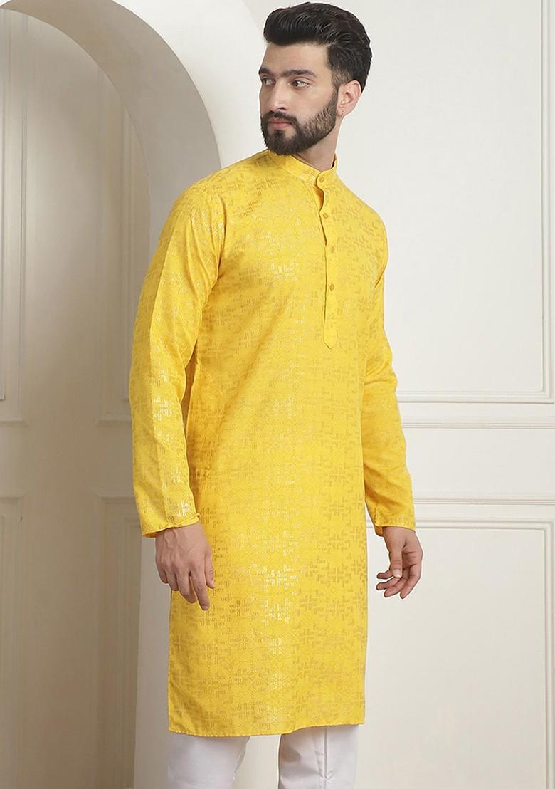 Mustard Printed Poly Blend Kurta For Men