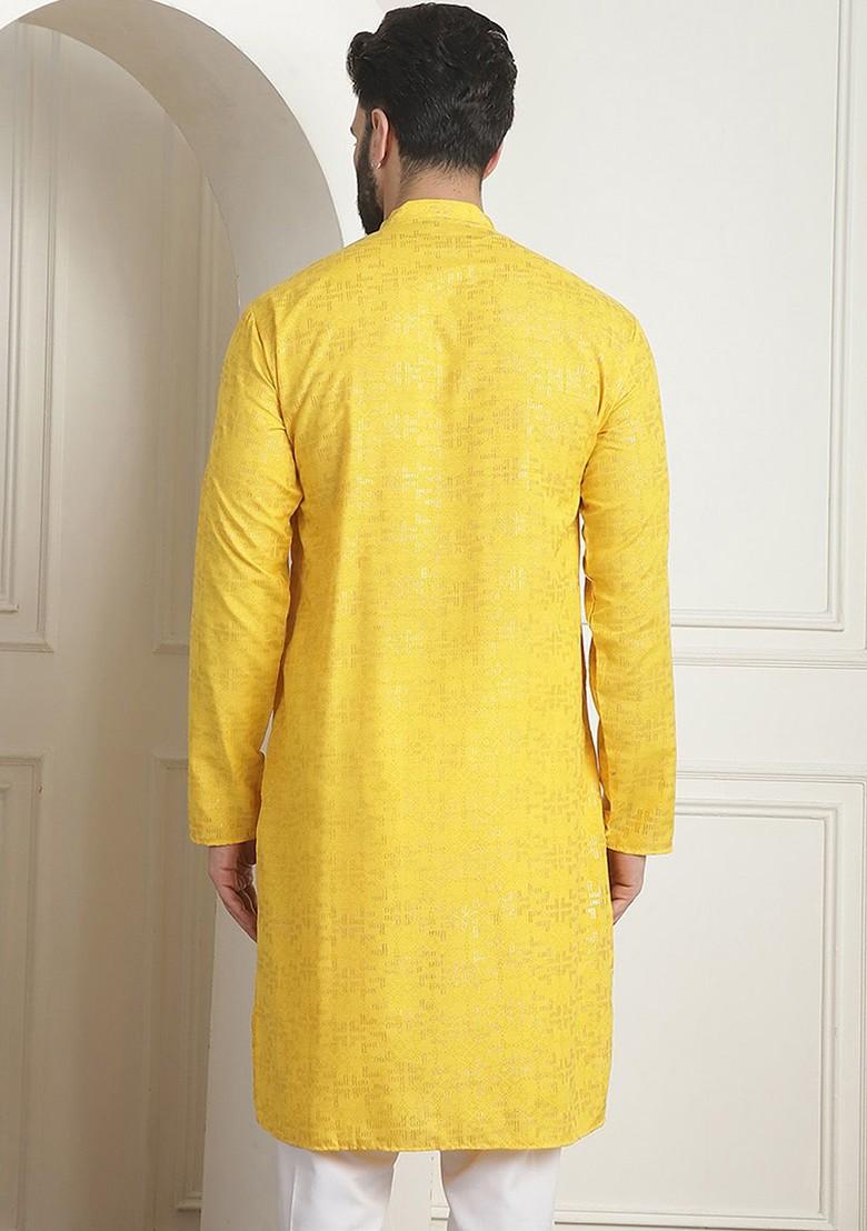 Mustard Printed Poly Blend Kurta For Men