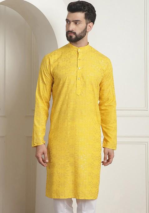 Mustard Printed Poly Blend Kurta For Men — view on Indya
