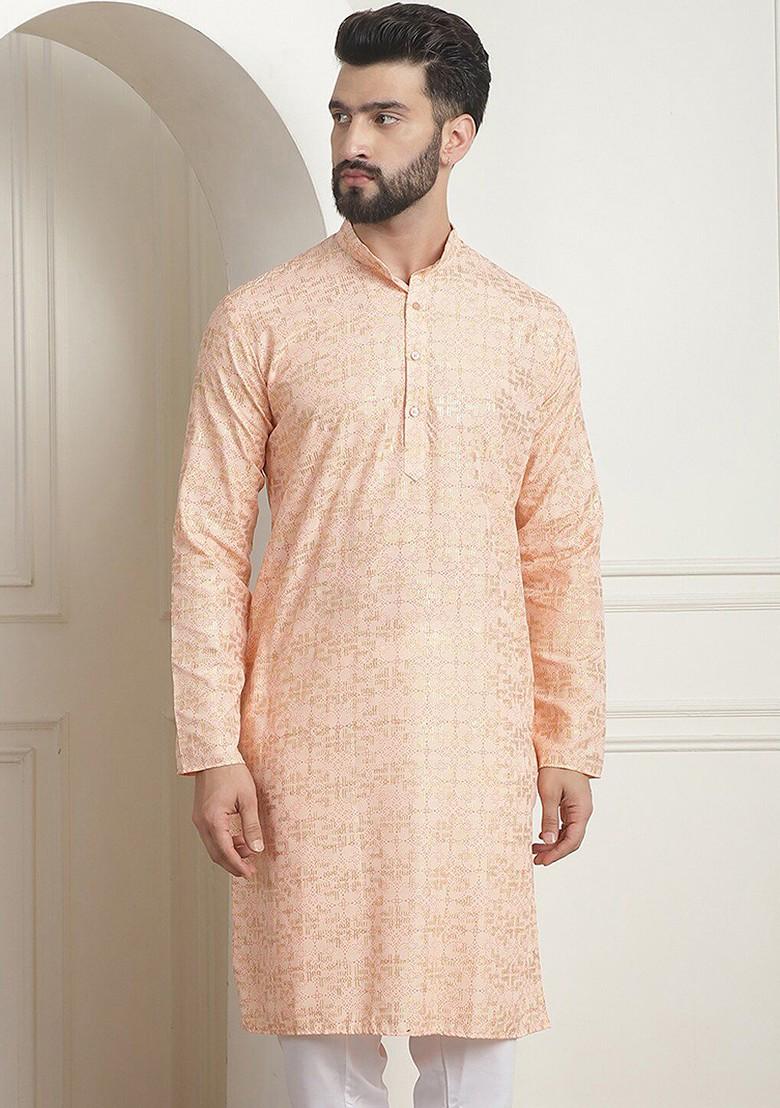 Peach Ethnic Motifs Poly Blend Kurta For Men