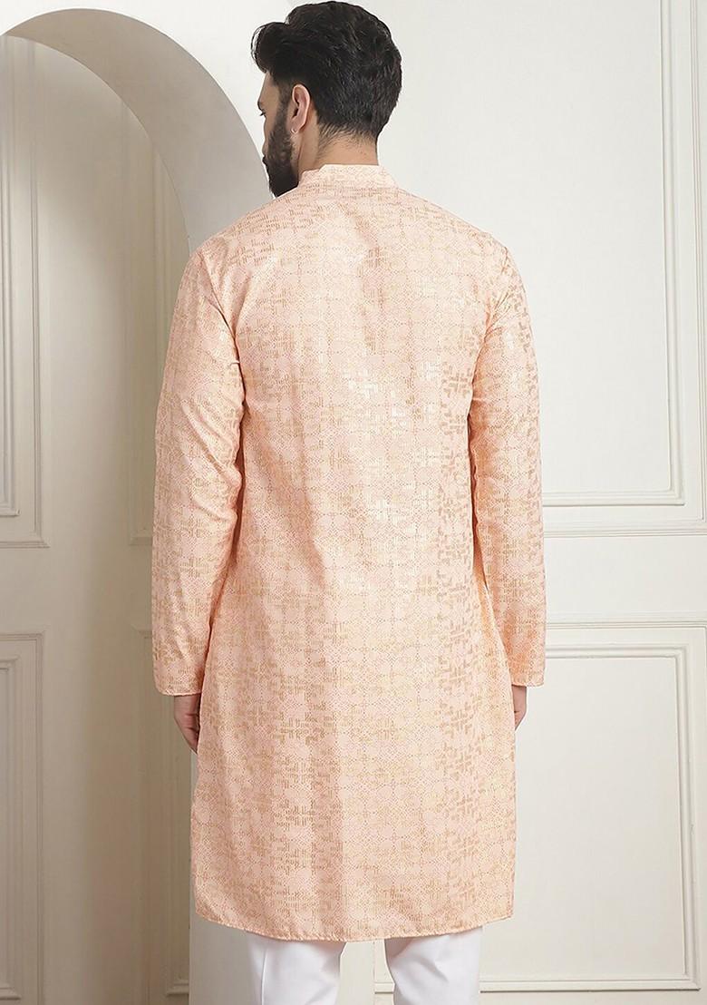 Peach Ethnic Motifs Poly Blend Kurta For Men