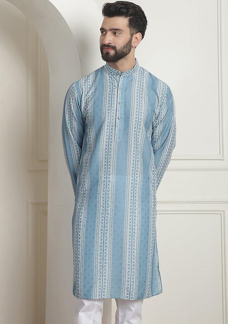 Teal Blue Printed Poly Blend Kurta For Men