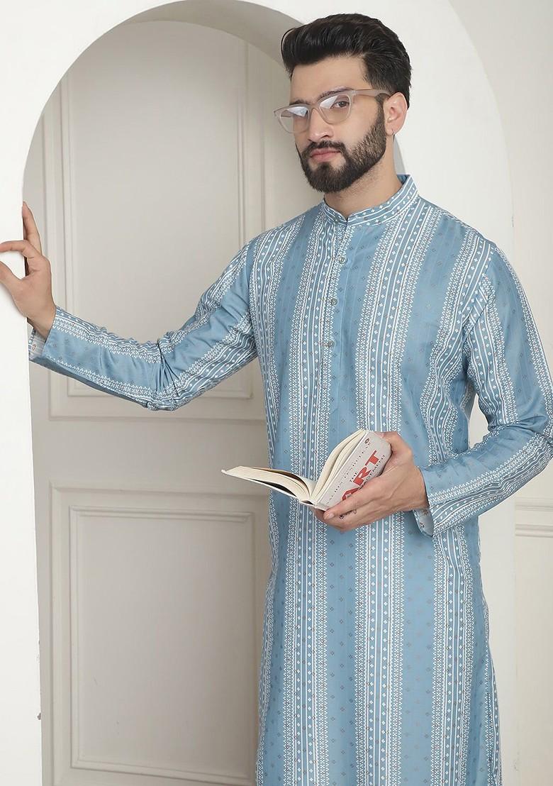 Teal Blue Printed Poly Blend Kurta For Men