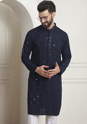 Navy Blue Embroidered Poly Blend Kurta For Men