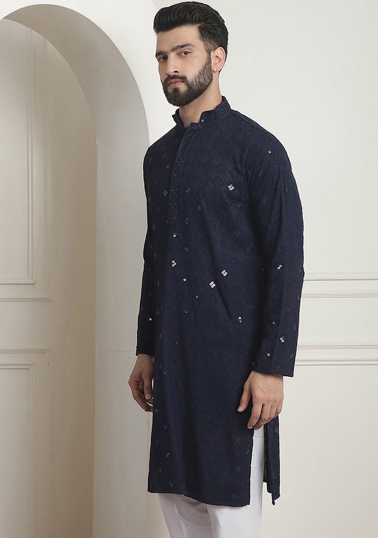 Navy Blue Embroidered Poly Blend Kurta For Men