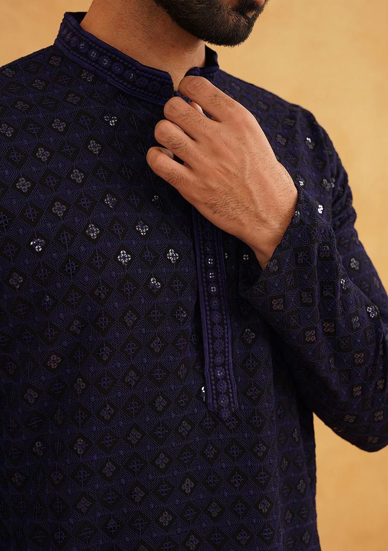 Navy Blue Embroidered Cotton Kurta For Men