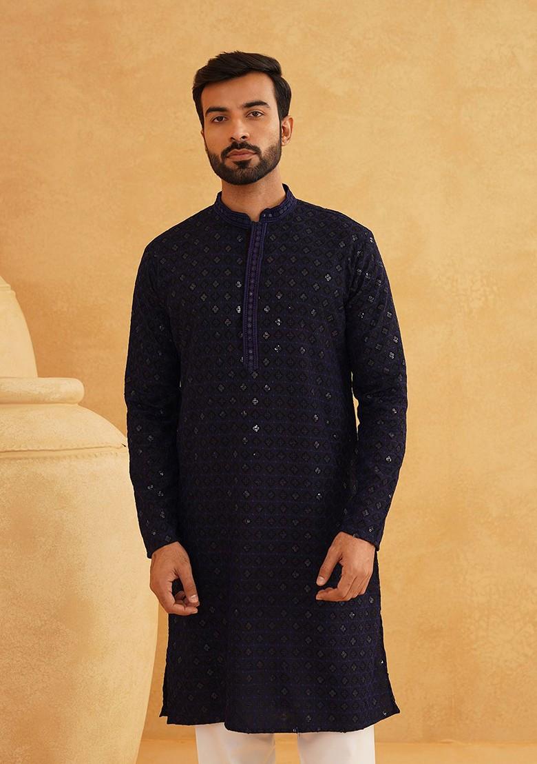 Navy Blue Embroidered Cotton Kurta For Men