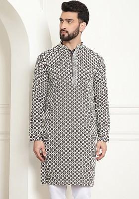 Brown Embroidered Cotton Kurta For Men