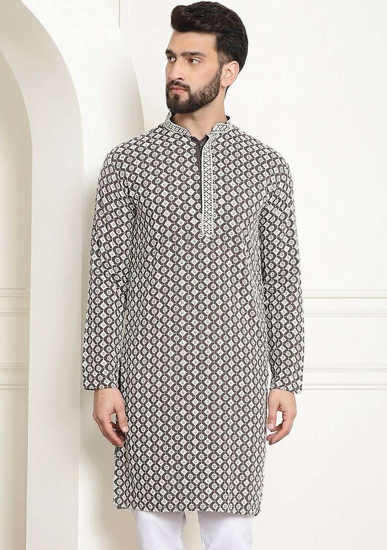 Brown Embroidered Cotton Kurta For Men - Indya