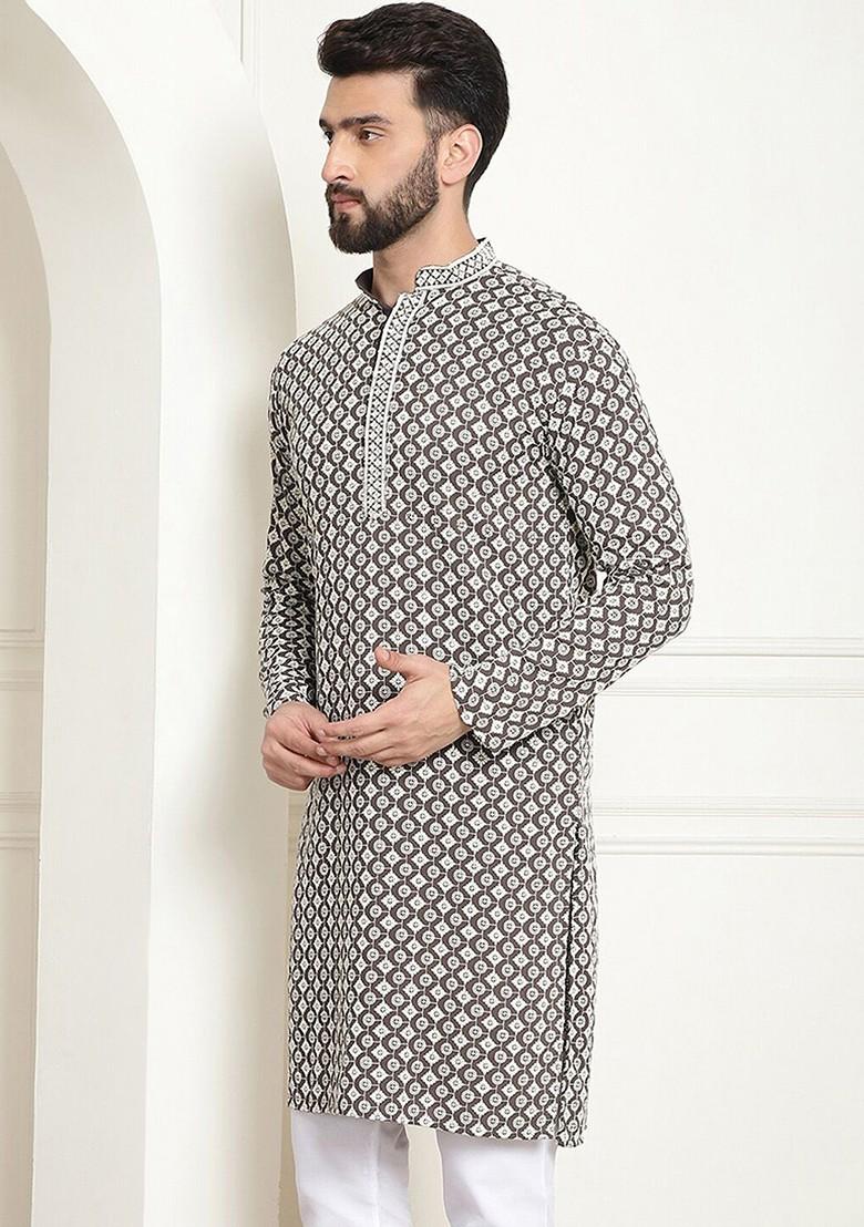 Brown Embroidered Cotton Kurta For Men