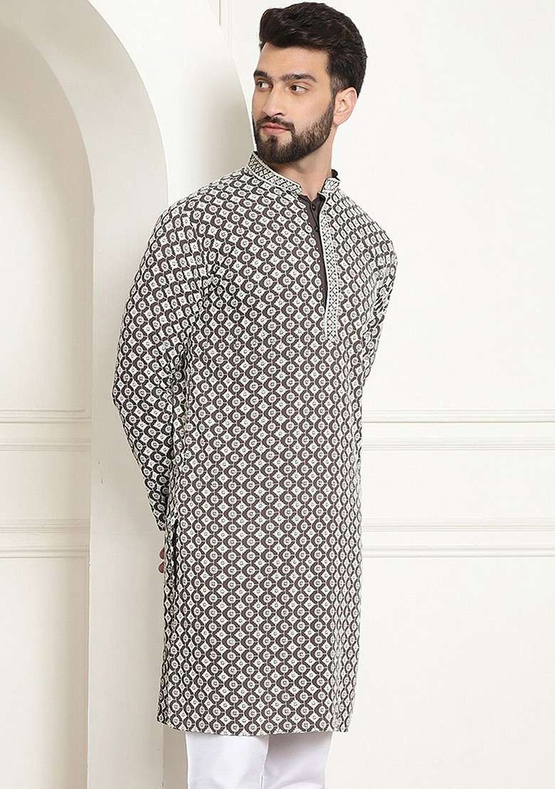 Brown Embroidered Cotton Kurta For Men - Indya