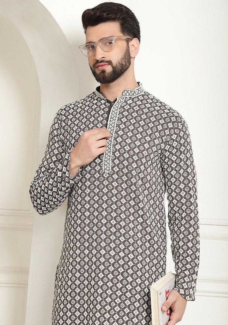 Brown Embroidered Cotton Kurta For Men