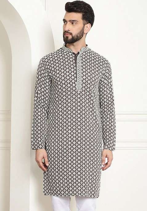 Brown Embroidered Cotton Kurta For Men