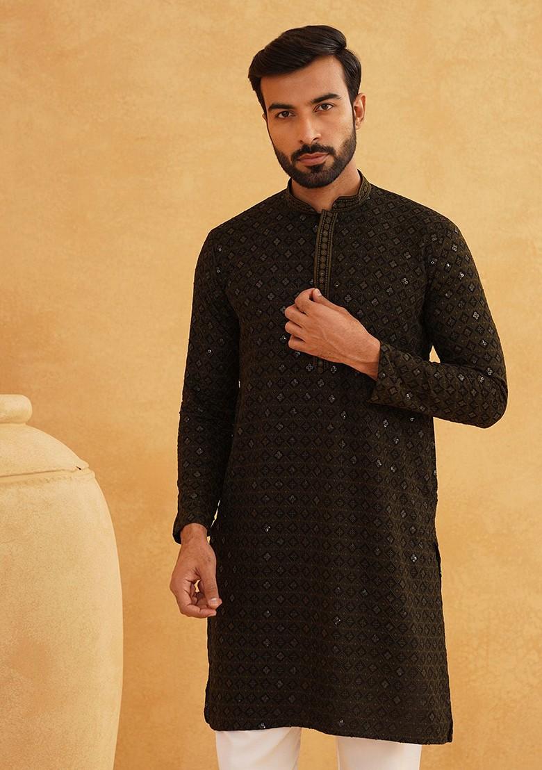 Olive Embroidered Cotton Kurta For Men