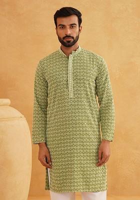 Green Embroidered Cotton Kurta For Men
