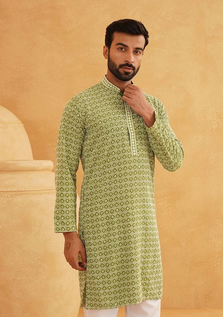 Green Embroidered Cotton Kurta For Men