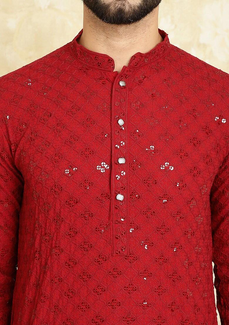 Maroon Embellished Cotton Kurta For Men