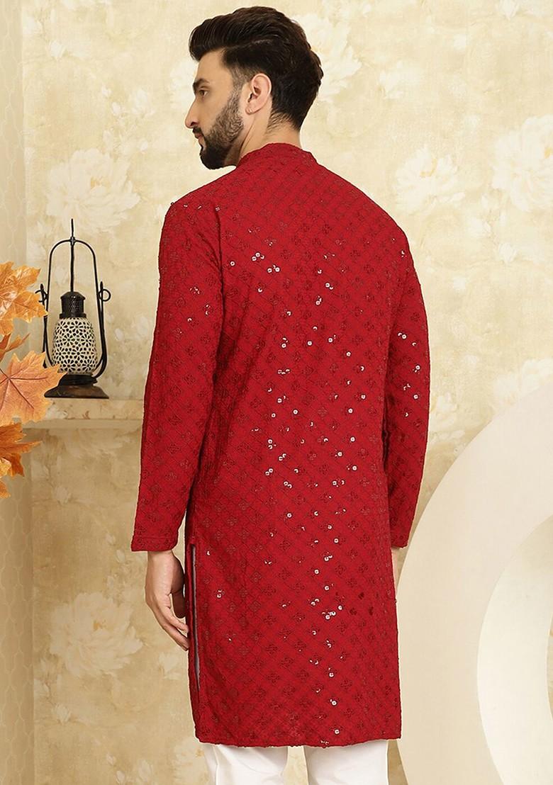 Maroon Embellished Cotton Kurta For Men