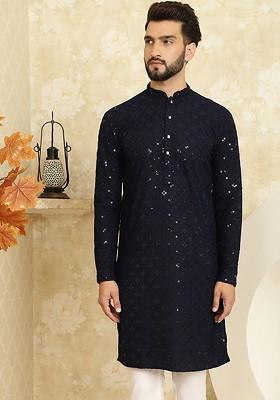 Navy Blue Embroidered Cotton Kurta For Men