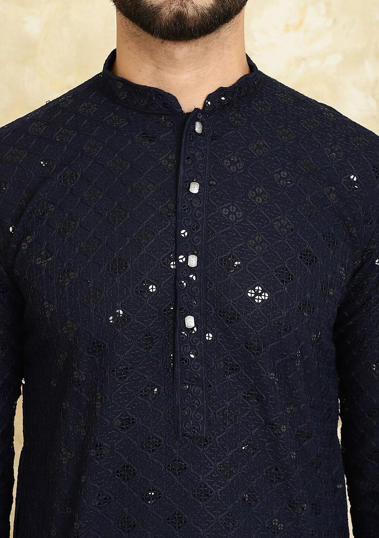 Navy Blue Embroidered Cotton Kurta For Men