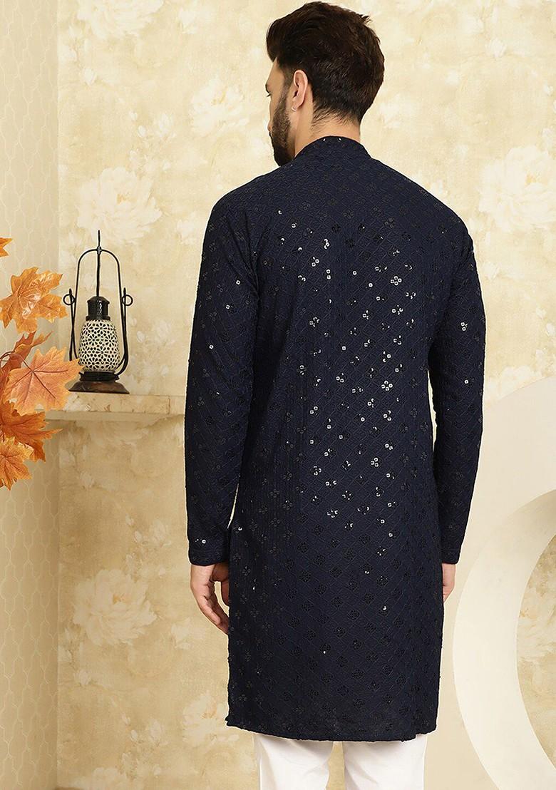 Navy Blue Embroidered Cotton Kurta For Men